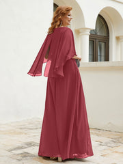 Robe Perlée Longueur au Sol avec Manches Flottantes à Col en V Cannelle Rose