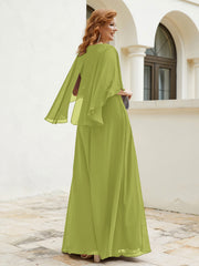 Robe Perlée Longueur au Sol avec Manches Flottantes à Col en V Trèfle Grande Taille