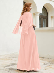 Robe Perlée Longueur au Sol avec Manches Flottantes à Col en V Corail