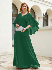 Robe Perlée Longueur au Sol avec Manches Flottantes à Col en V Vert Foncé