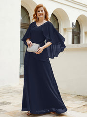 Robe Perlée Longueur au Sol avec Manches Flottantes à Col en V Bleu Marine Grande Taille