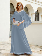 Robe Perlée Longueur au Sol avec Manches Flottantes à Col en V Bleu Poudré Grande Taille