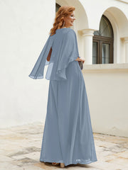 Robe Perlée Longueur au Sol avec Manches Flottantes à Col en V Bleu Poudré Grande Taille