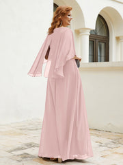 Robe Perlée Longueur au Sol avec Manches Flottantes à Col en V Rose Poudré Grande Taille
