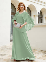 Robe Perlée Longueur au Sol avec Manches Flottantes à Col en V Sauge Poudrée Grande Taille