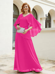 Robe Perlée Longueur au Sol avec Manches Flottantes à Col en V Fuchsia Grande Taille