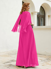 Robe Perlée Longueur au Sol avec Manches Flottantes à Col en V Fuchsia
