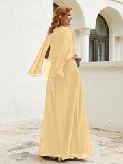 Robe Perlée Longueur au Sol avec Manches Flottantes à Col en V Or Grande Taille
