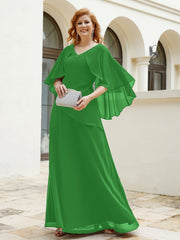 Robe Perlée Longueur au Sol avec Manches Flottantes à Col en V Vert Grande Taille