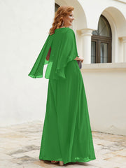 Robe Perlée Longueur au Sol avec Manches Flottantes à Col en V Vert Grande Taille