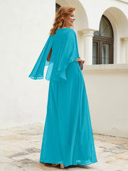 Robe Perlée Longueur au Sol avec Manches Flottantes à Col en V Jade Grande Taille
