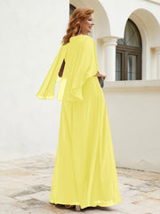 Robe Perlée Longueur au Sol avec Manches Flottantes à Col en V Citron Grande Taille