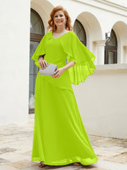 Robe Perlée Longueur au Sol avec Manches Flottantes à Col en V Vert Citron Grande Taille