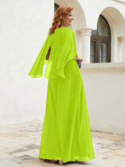 Robe Perlée Longueur au Sol avec Manches Flottantes à Col en V Vert Citron Grande Taille