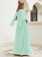 Robe Perlée Longueur au Sol avec Manches Flottantes à Col en V Vert Menthe Grande Taille