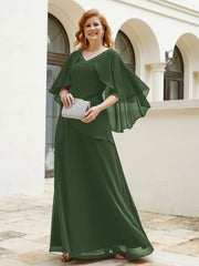 Robe Perlée Longueur au Sol avec Manches Flottantes à Col en V Olive Verte