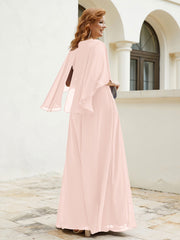 Robe Perlée Longueur au Sol avec Manches Flottantes à Col en V Rose Perle Grande Taille