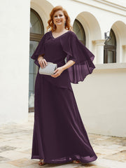Robe Perlée Longueur au Sol avec Manches Flottantes à Col en V Plum Grande Taille