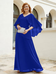 Robe Perlée Longueur au Sol avec Manches Flottantes à Col en V Bleu Royale Grande Taille