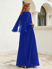 Robe Perlée Longueur au Sol avec Manches Flottantes à Col en V Bleu Royale