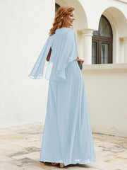 Robe Perlée Longueur au Sol avec Manches Flottantes à Col en V Bleu Ciel