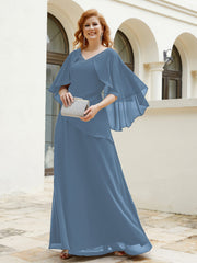 Robe Perlée Longueur au Sol avec Manches Flottantes à Col en V Bleu de Schiste