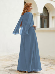 Robe Perlée Longueur au Sol avec Manches Flottantes à Col en V Bleu de Schiste