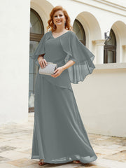 Robe Perlée Longueur au Sol avec Manches Flottantes à Col en V Gris Acier Grande Taille