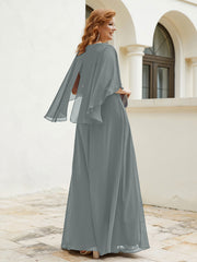 Robe Perlée Longueur au Sol avec Manches Flottantes à Col en V Gris Acier Grande Taille