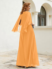 Robe Perlée Longueur au Sol avec Manches Flottantes à Col en V Mandarine