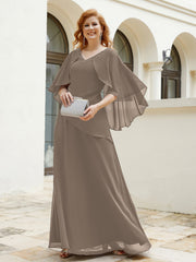 Robe Perlée Longueur au Sol avec Manches Flottantes à Col en V Taupe Grande Taille