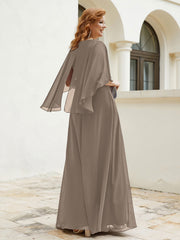 Robe Perlée Longueur au Sol avec Manches Flottantes à Col en V Taupe Grande Taille
