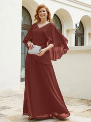 Robe Perlée Longueur au Sol avec Manches Flottantes à Col en V Terracotta Grande Taille