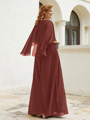 Robe Perlée Longueur au Sol avec Manches Flottantes à Col en V Terracotta