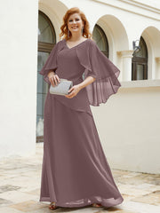Robe Perlée Longueur au Sol avec Manches Flottantes à Col en V Vintage Mauve Grande Taille