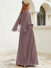 Robe Perlée Longueur au Sol avec Manches Flottantes à Col en V Vintage Mauve Grande Taille