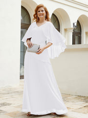Robe Perlée Longueur au Sol avec Manches Flottantes à Col en V Blanc Grande Taille