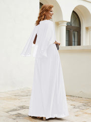 Robe Perlée Longueur au Sol avec Manches Flottantes à Col en V Blanc