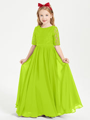 Robes de Demoiselle d'Honneur Junior en Dentelle à Demi-Manches Vert Citron