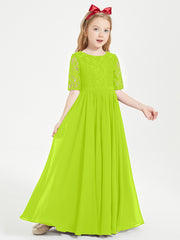 Robes de Demoiselle d'Honneur Junior en Dentelle à Demi-Manches Vert Citron