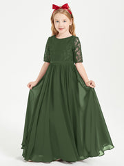 Robes de Demoiselle d'Honneur Junior en Dentelle à Demi-Manches Olive Verte