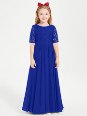 Robes de Demoiselle d'Honneur Junior en Dentelle à Demi-Manches Bleu Royale