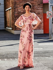 Robe Florale Appliquée avec Demi-Manches à Col en V As Picture