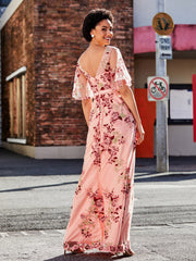 Robe Florale Appliquée avec Demi-Manches à Col en V As Picture