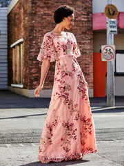 Robe Florale Appliquée avec Demi-Manches à Col en V As Picture