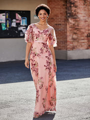 Robe Florale Appliquée avec Demi-Manches à Col en V As Picture