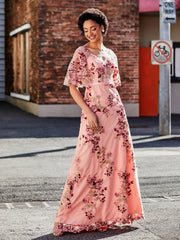 Robe Florale Appliquée avec Demi-Manches à Col en V As Picture