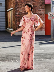 Robe Florale Appliquée avec Demi-Manches à Col en V As Picture