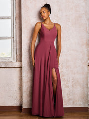 Robe en Mousseline à Col en V Profond et Bretelles Spaghetti avec Fente Cannelle Rose
