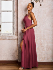 Robe en Mousseline à Col en V Profond et Bretelles Spaghetti avec Fente Cannelle Rose